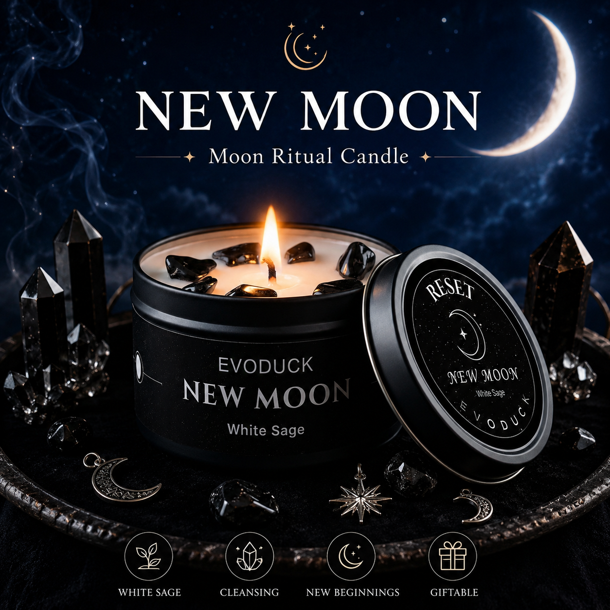 Black Tin Candle - 1pc New Moon Scented Candles Crystal